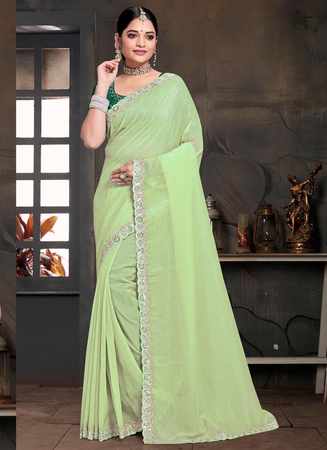 Currency Silk Lime Green Wedding Wear Embroidery Work Saree